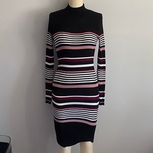 Stretchy Turtleneck Striped Sweater Knit Long Sleeve Midi Dress, Size Small